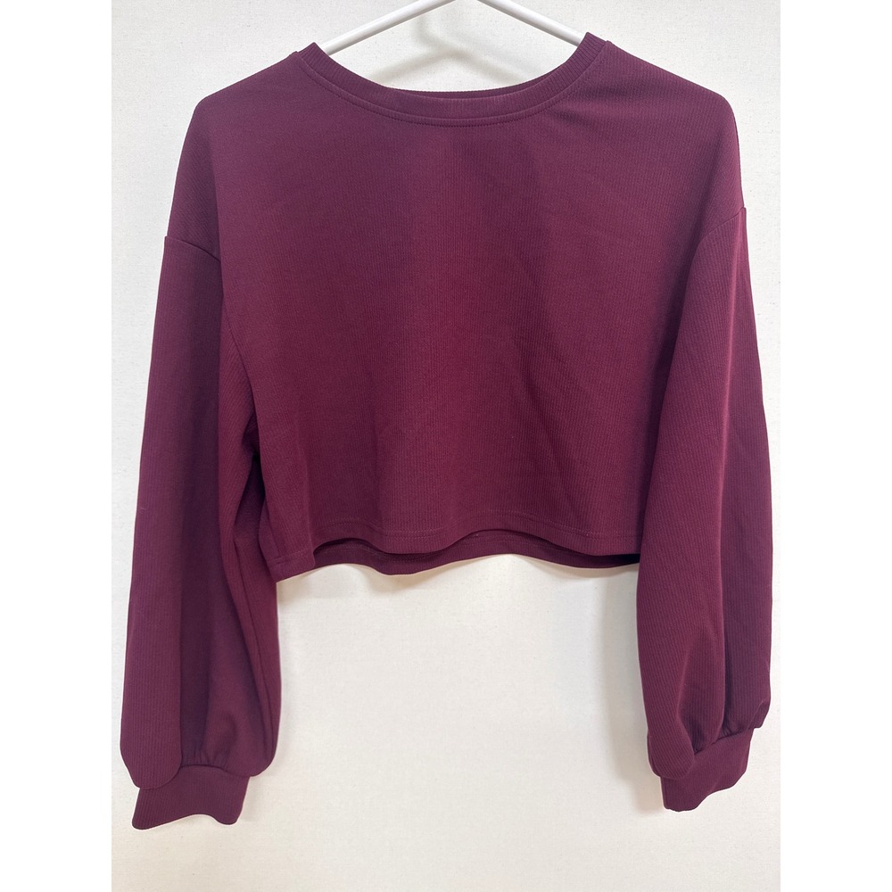 SHEIN Burgundy Ribbed Cropped Sweatshirt Lantern Sleeve Pullover Large